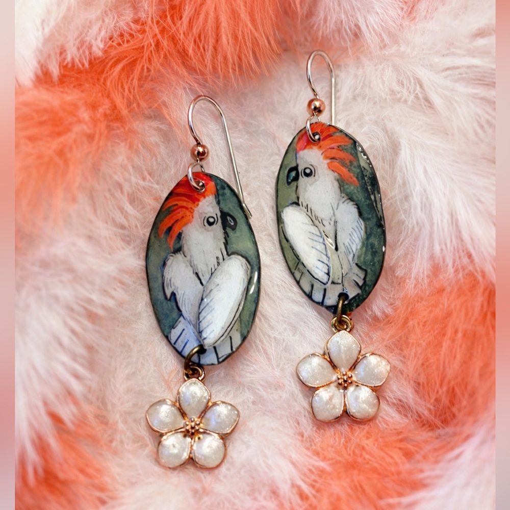 Handpainted cockatoo earrings with sterling silver wires birds wildlife jewelry